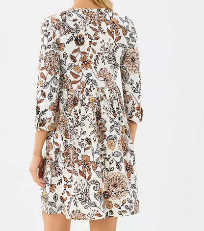 Notch Neck 3/4 Roll Tab Sleeve Floral Print Swing Mini Dress