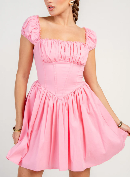 Square Neck Puff Sleeve Corset Waist Flared Mini Dress