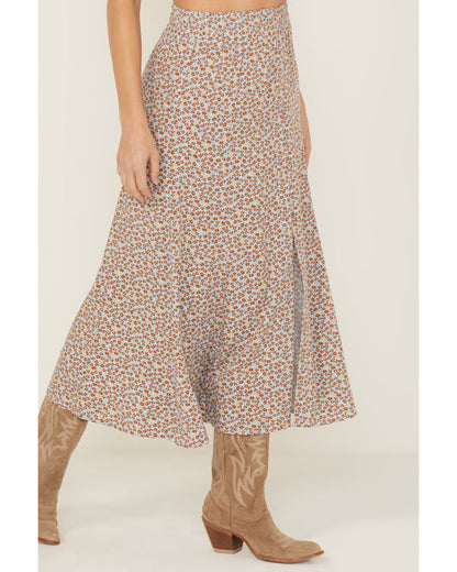 Women’s Floral Print Front Slit Elastic Waist Rayon Midi Skirt