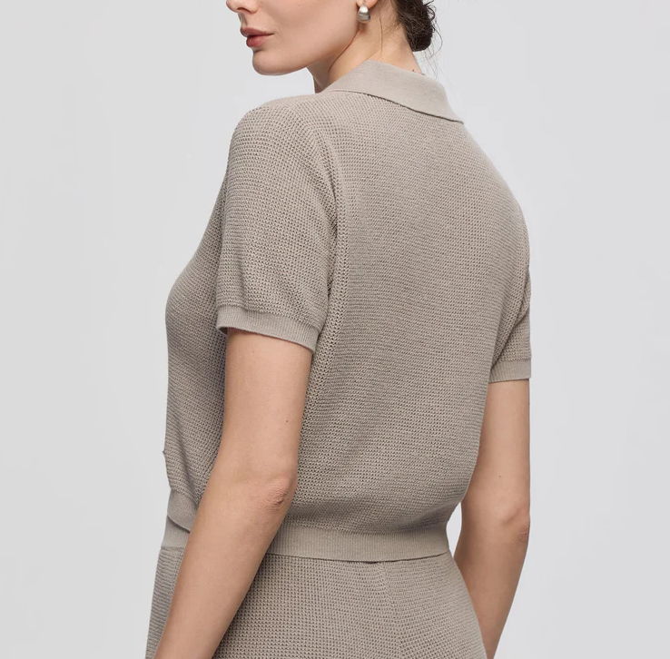 Women’s Johnny Collar Open Knit Cropped Polo Top