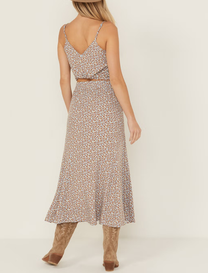 Women’s Floral Print Front Slit Elastic Waist Rayon Midi Skirt