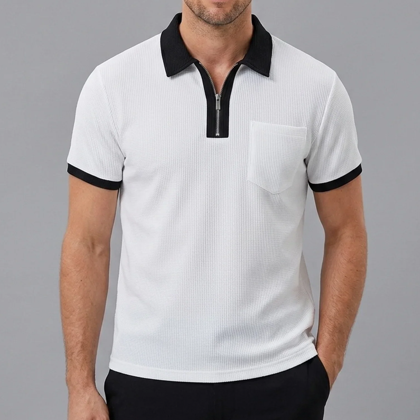 Color‑Block Waffle Short Sleeve Slim Fit Polo Shirt