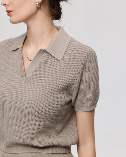 Women’s Johnny Collar Open Knit Cropped Polo Top