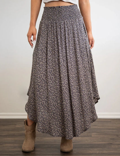 Smocked High Waist Ditsy Floral Asymmetrical Midi Skirt with Pockets